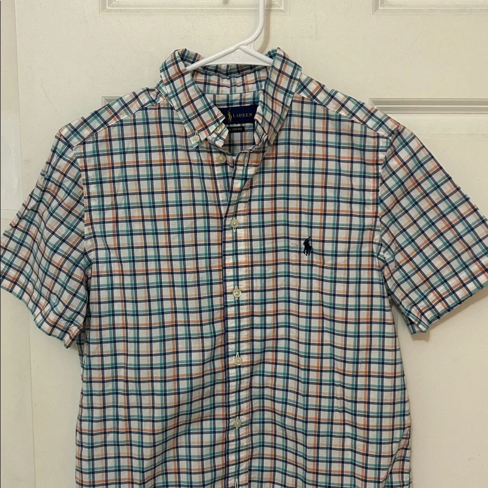Ralph Lauren Short Sleeve Plaid Button Down Shirt size large 14–16 white blue